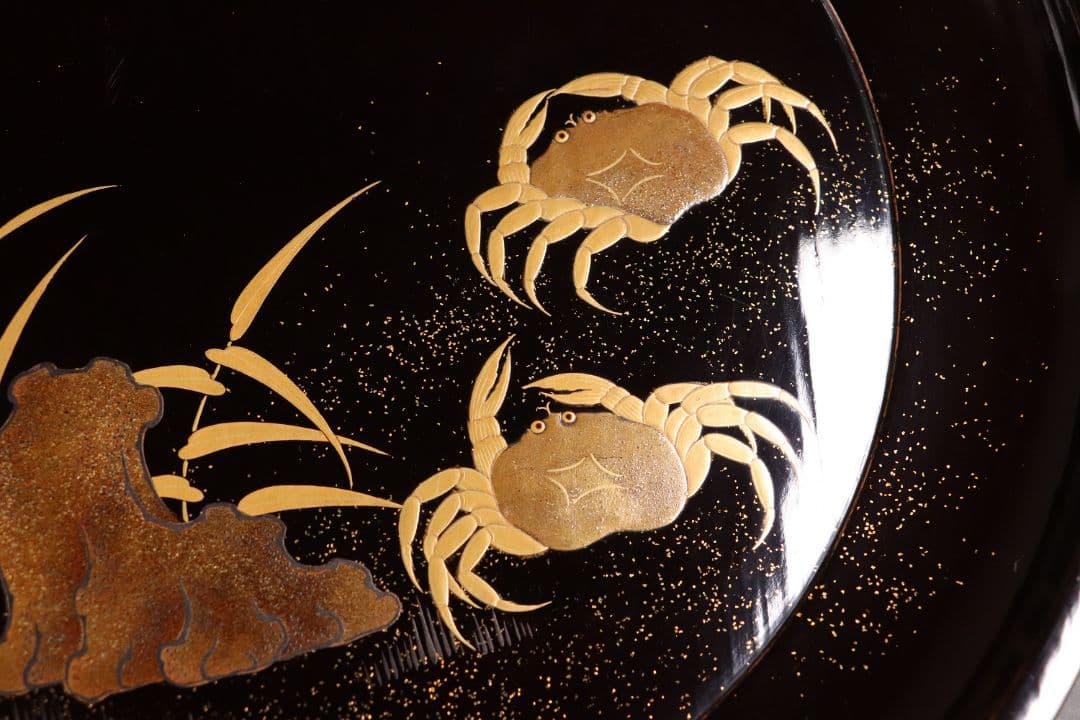 CK91 木製漆器 蟹蘆金蒔絵 黒塗 大徳寺盆 五客 24.5cm 木皿 菓子盆