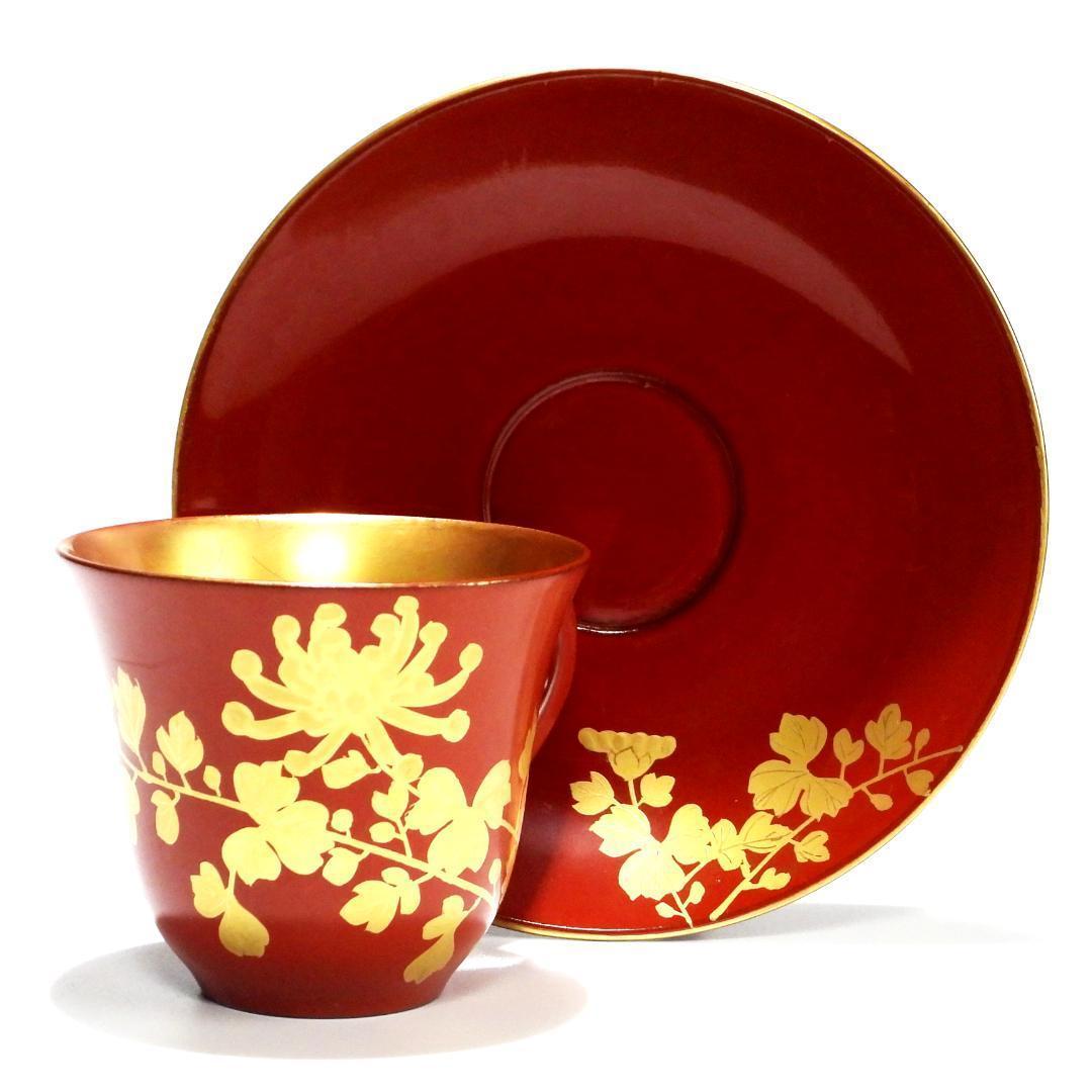 漆器 赤金 花柄 カップとソーサー 6客セット