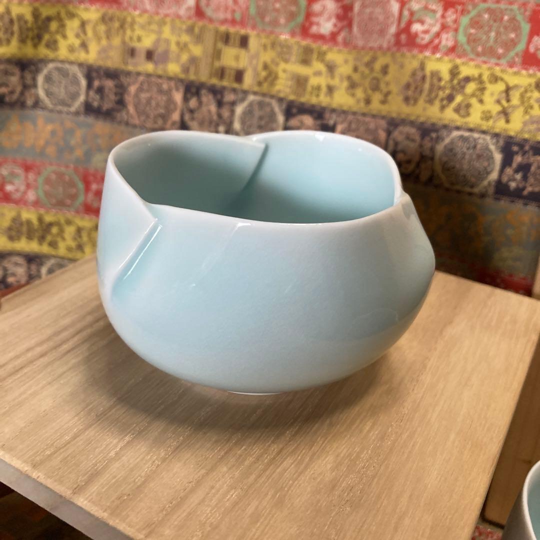 人間￼国宝　塚本快示 青白磁 小鉢5客　快山釜　共箱　約8.5×5.5CM