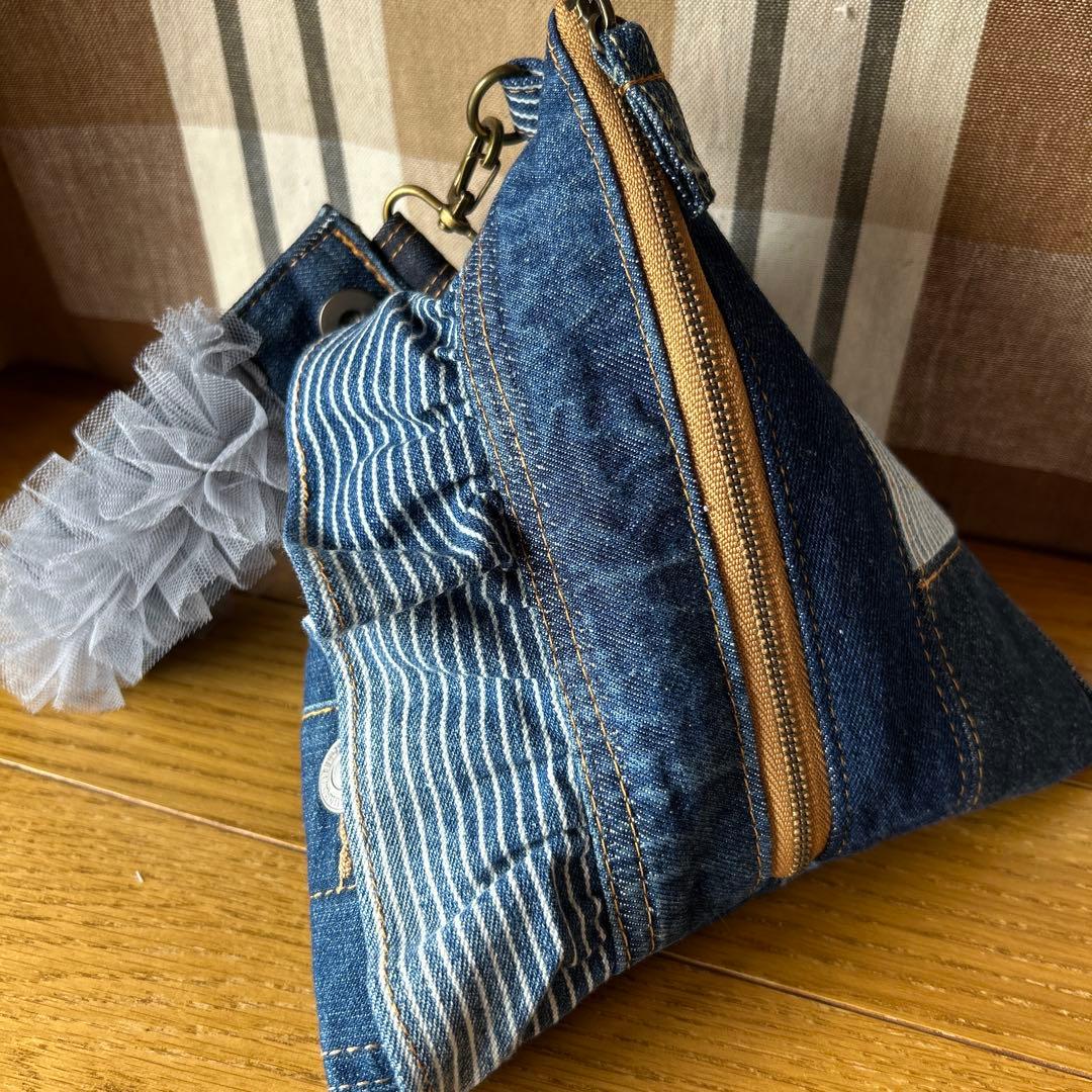 デニムリメイクフリルテトラポーチハンドメイド