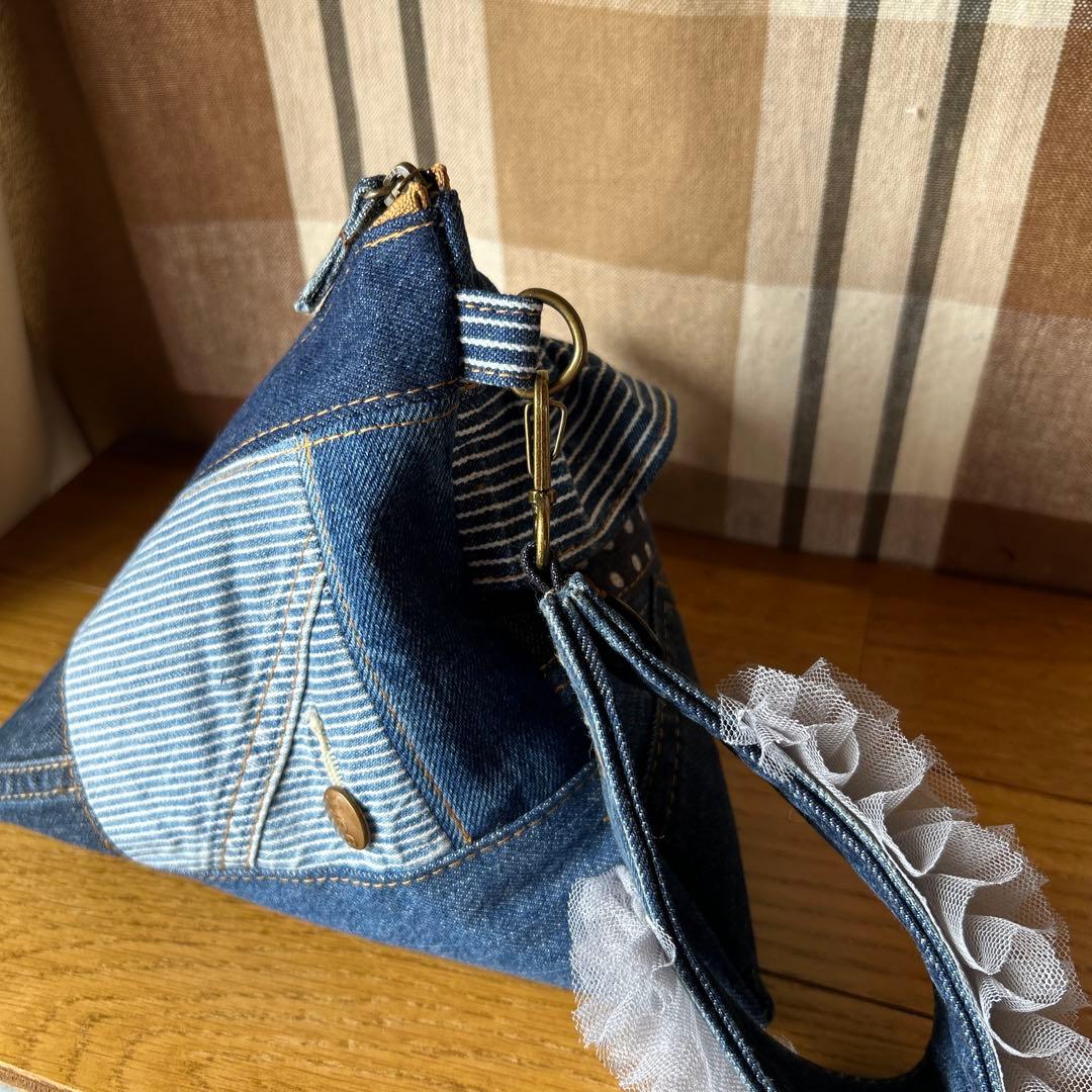 デニムリメイクフリルテトラポーチハンドメイド