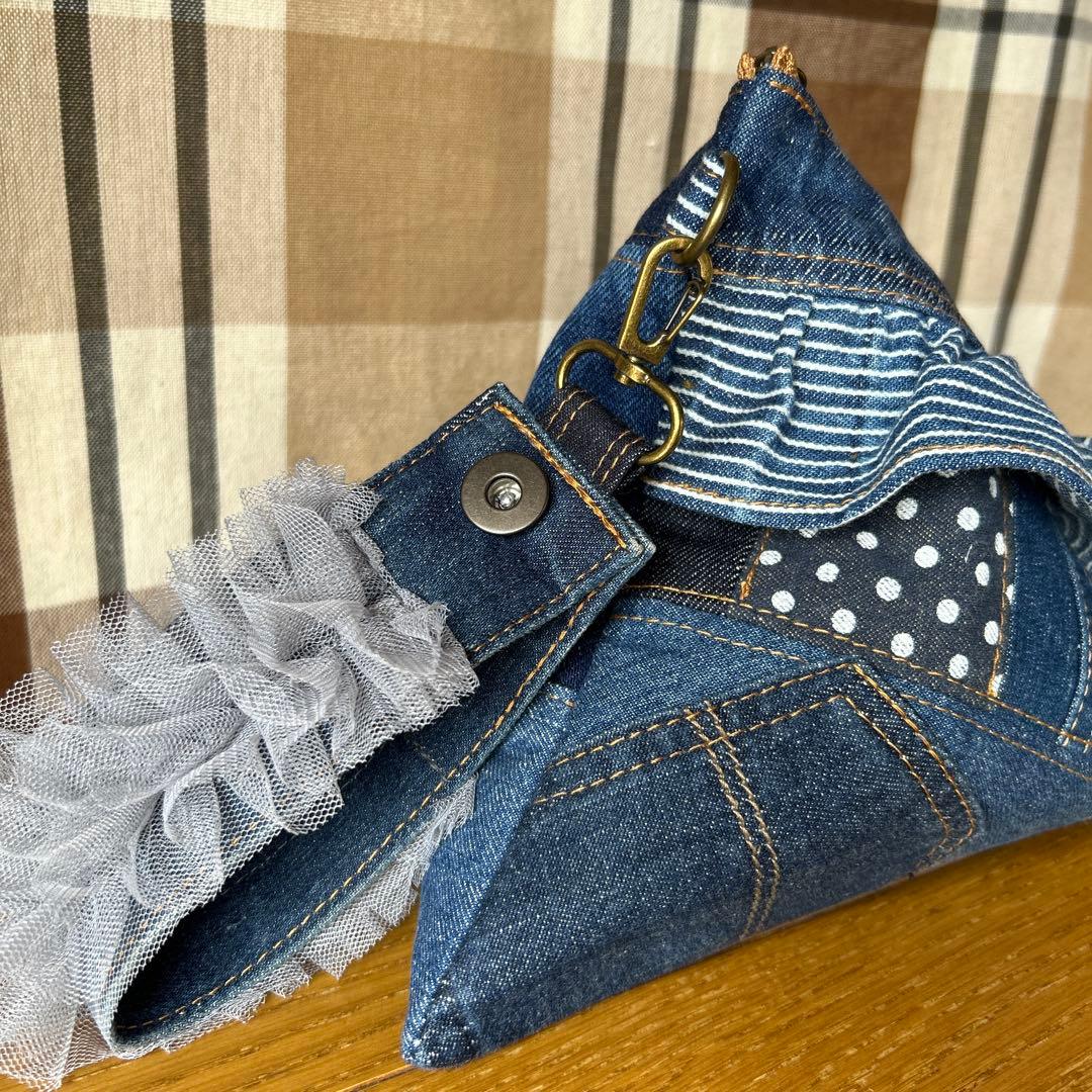 デニムリメイクフリルテトラポーチハンドメイド