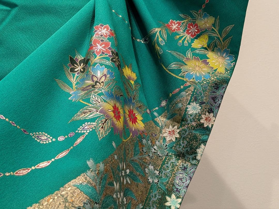 振袖フルセット 身丈164裄70 豪華振袖 金銀彩 緑 黒 更紗 逸品 成人