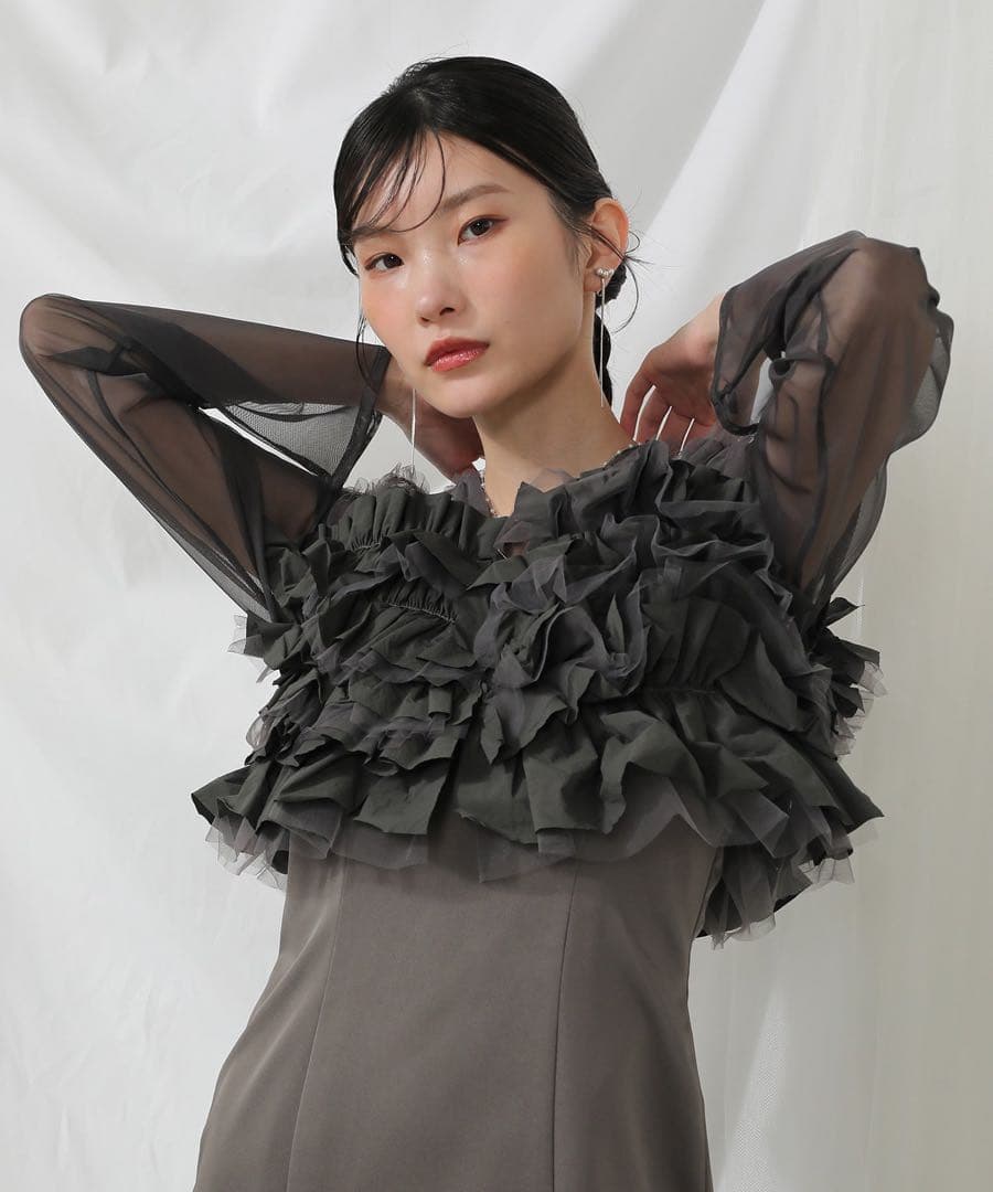 ＊美品＊ボリュームフリルベスト シアートップス キャミワンピ レイヤードドレス