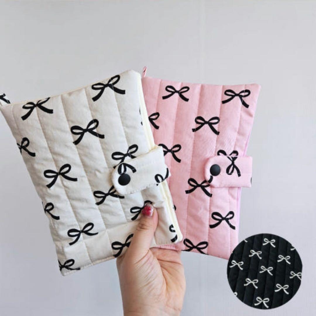 韓国 A6 バインダーカバー リボン ブックカバー 貯金 ピンク