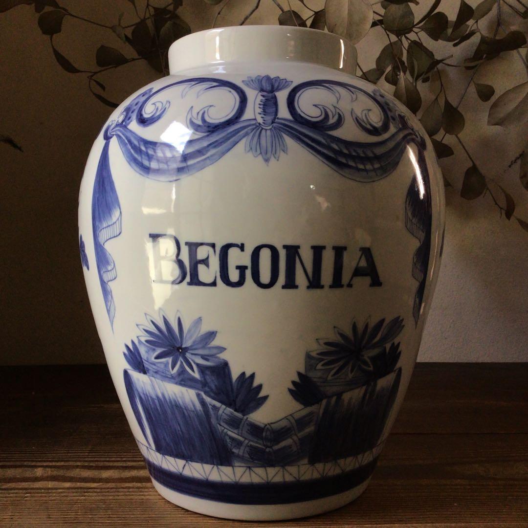 3582 オランダ デルフト陶器　BEGONIA 染付　和蘭　タバコ壷　送料無料