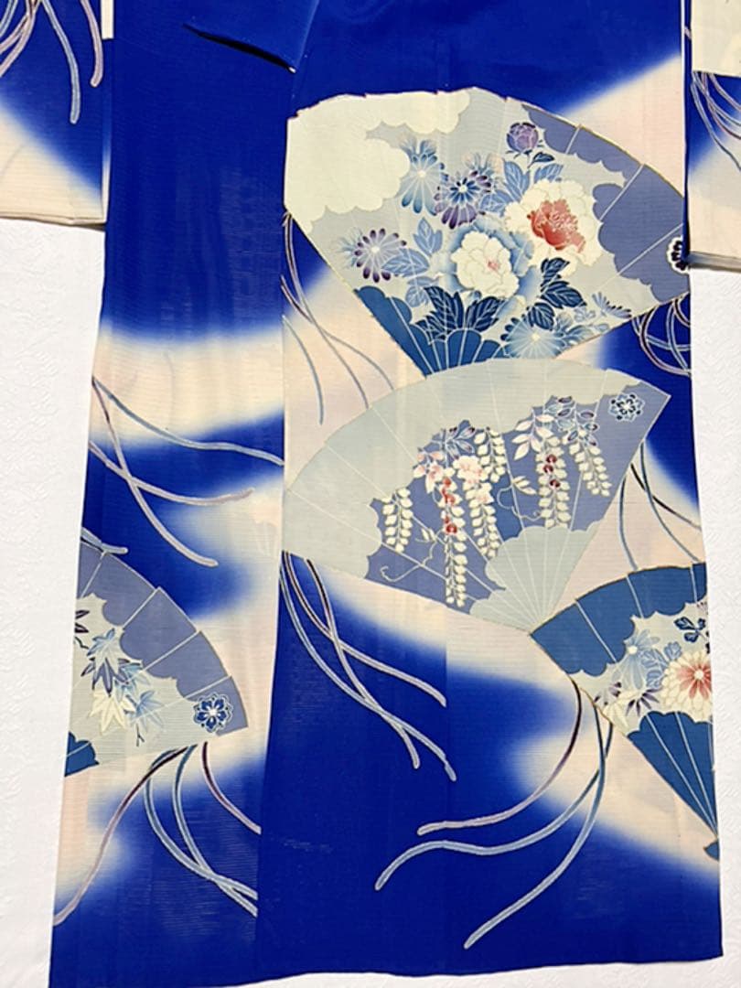 3539◇アンティーク着物正絹絽時代物振袖藍色に白ぼかし染め美しい扇面