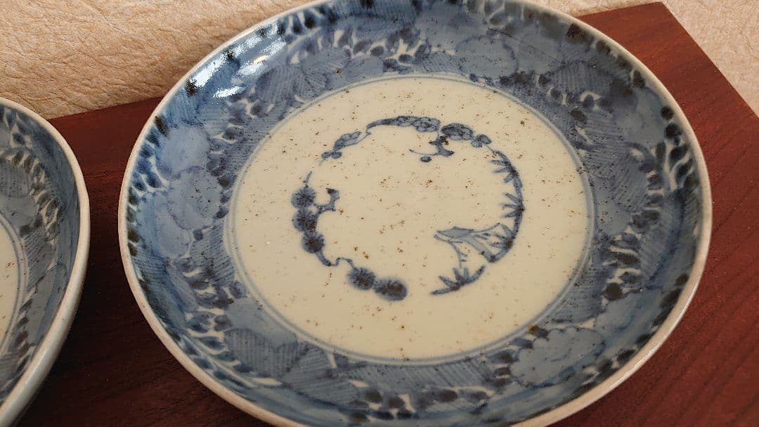 古伊万里　伊万里　松竹梅 染付 江戸期　冨貴長春　白抜き　５寸皿　３客