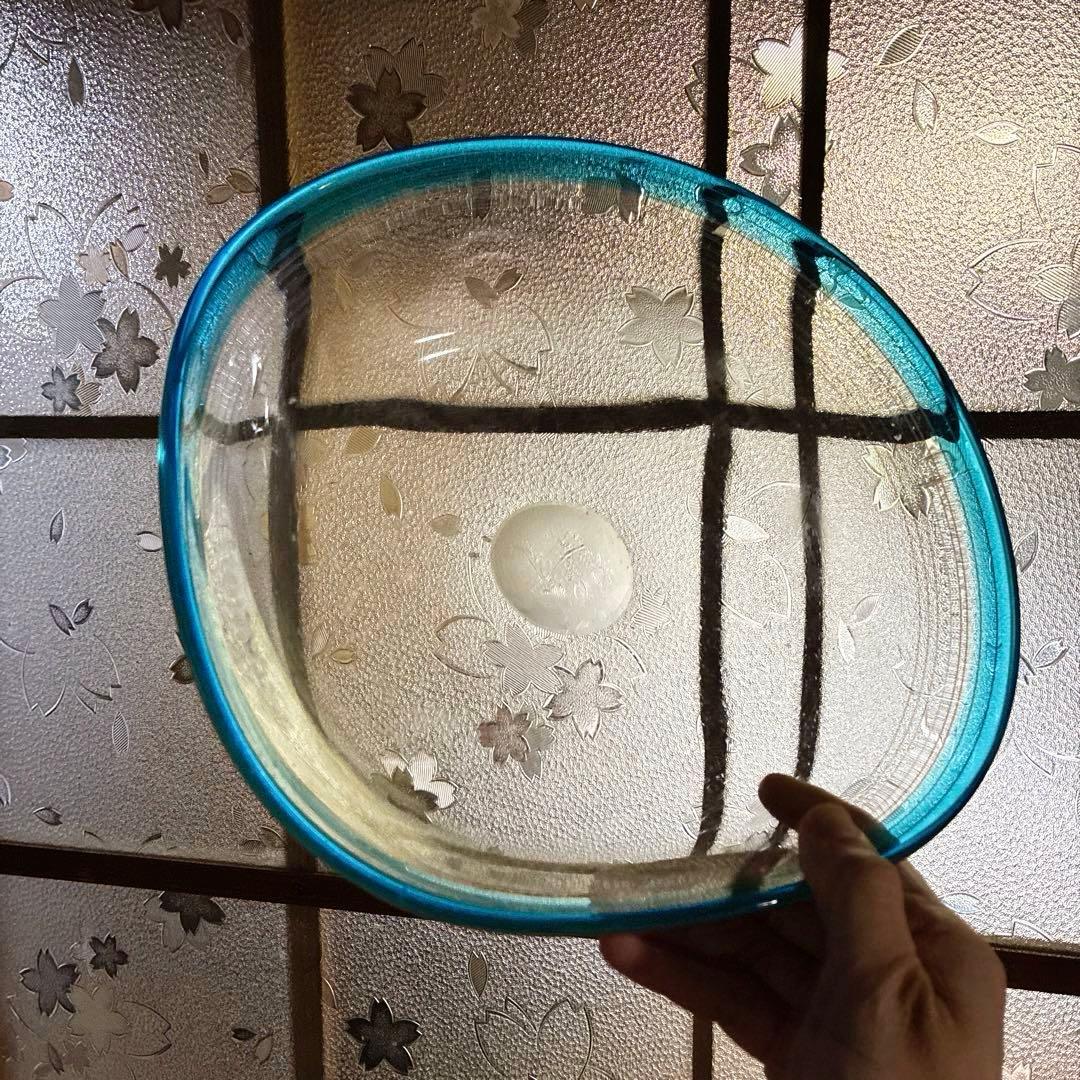 骨董 レトロガラス 四角型 濃水色フチ 線巻 糸巻 菓子鉢 花器 ウランガラス