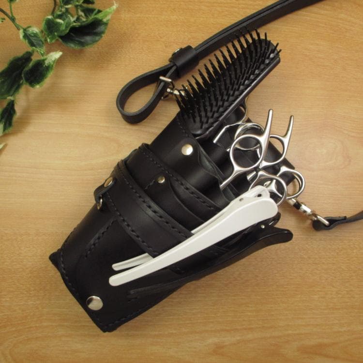 オールブラック　５丁差し　革ベルト付き　本革シザーケース　SCL-128/CKL