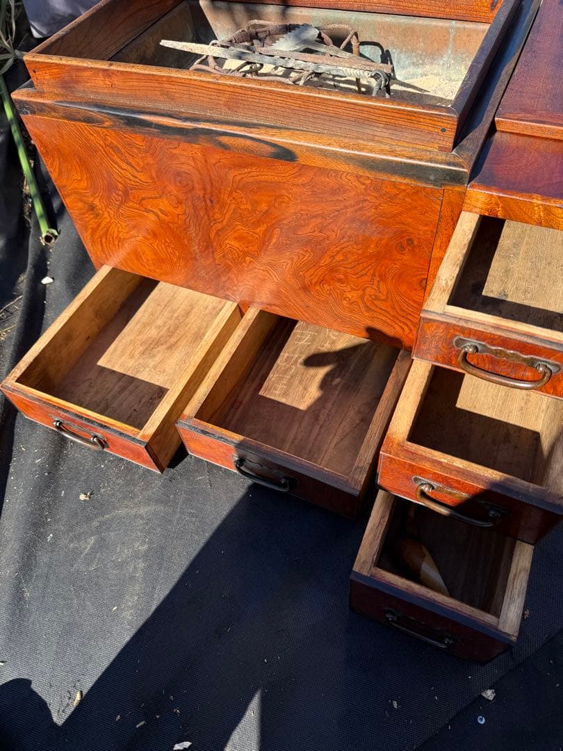 昭和初期 関東長火鉢 欅玉杢 木製 古民具 引き出し付 灰床 五徳 灰匙