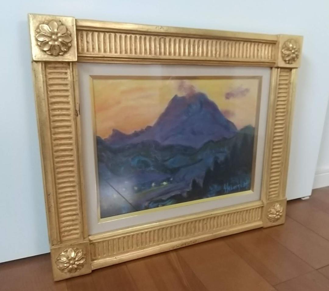 油彩画 「浅間夕景」油絵 絵画 F4 風景画 アート 額装 額縁 古径