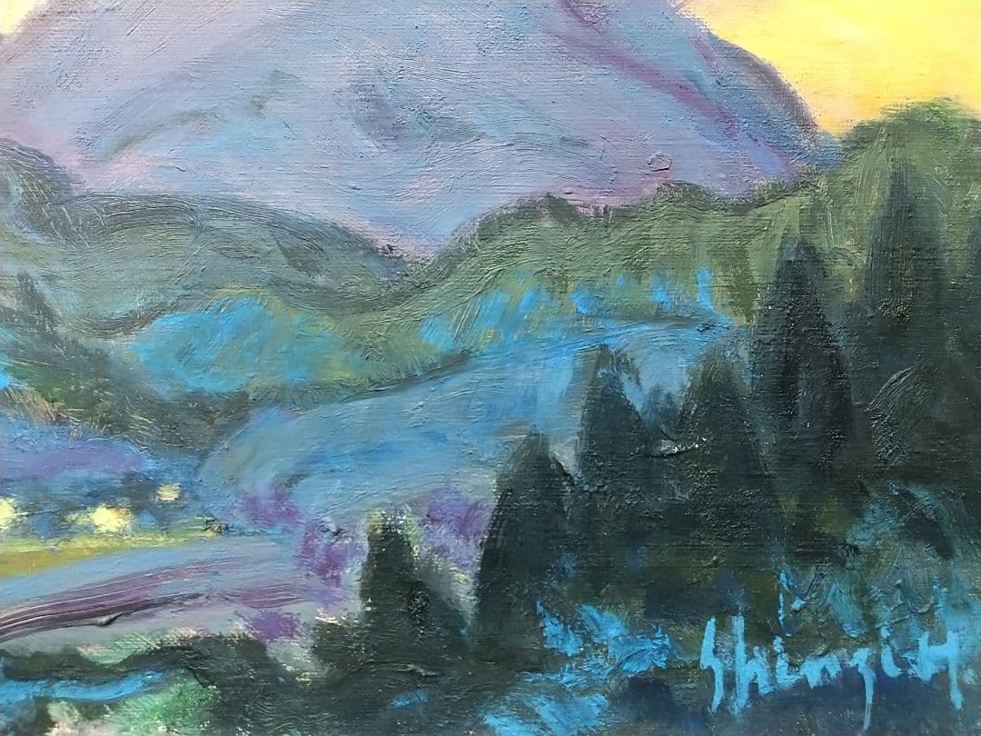 油彩画 「浅間夕景」油絵 絵画 F4 風景画 アート 額装 額縁 古径