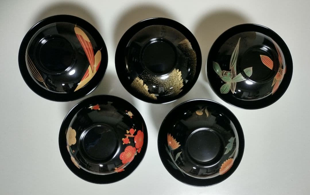 輪島塗　四君子蒔絵 遠山沈金　吸物椀　5客セット　角偉三郎など5人作家もの