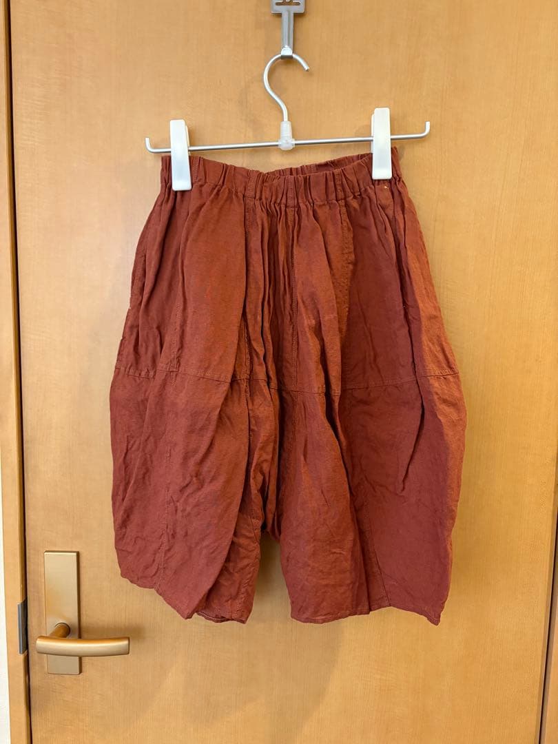 ババグーリ　リネンワイドショートサルエルパンツ M 赤茶色