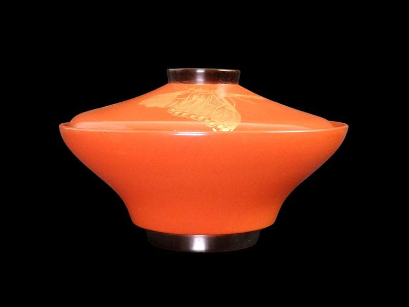 沈金　吸物椀　蝶に孔雀の図　朱色　木製品　５客　N1105AS-fbui