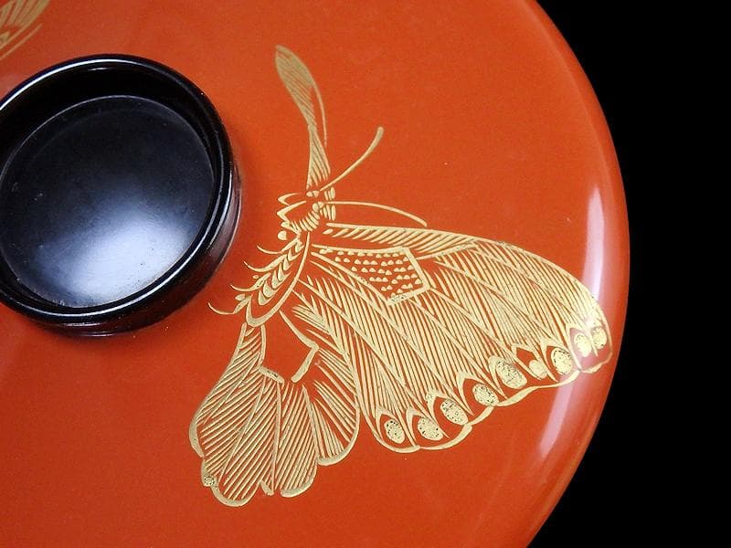沈金　吸物椀　蝶に孔雀の図　朱色　木製品　５客　N1105AS-fbui