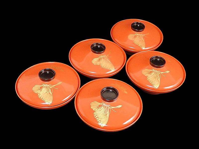 沈金　吸物椀　蝶に孔雀の図　朱色　木製品　５客　N1105AS-fbui