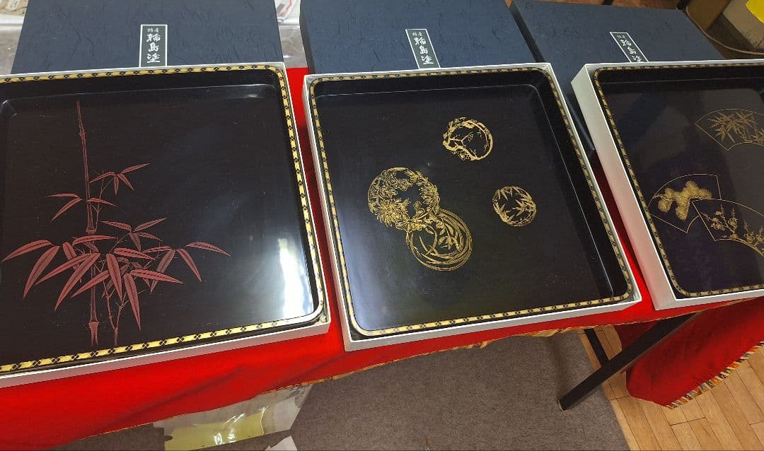 新品！輪島塗祝盆　朱竹　沈金アジロ付き