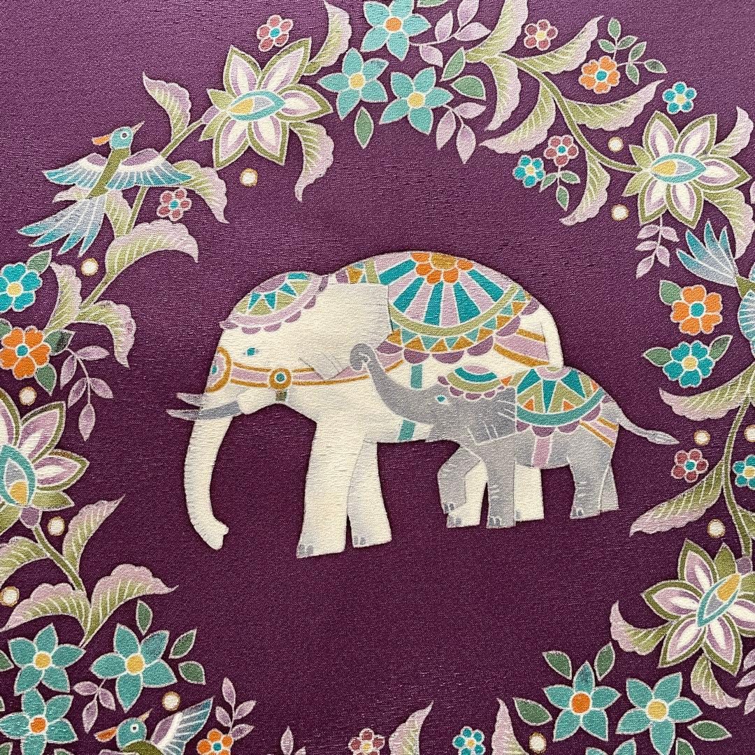 名古屋帯 象と花の柄紫色 正絹 長尺