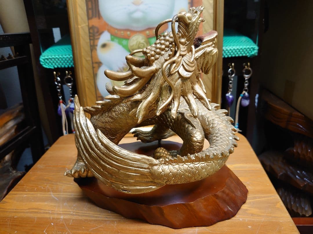 開運 龍 龍神 龍置き物 用途色々 ブロンズ製（真鍮製）2キロ越え木製飾り