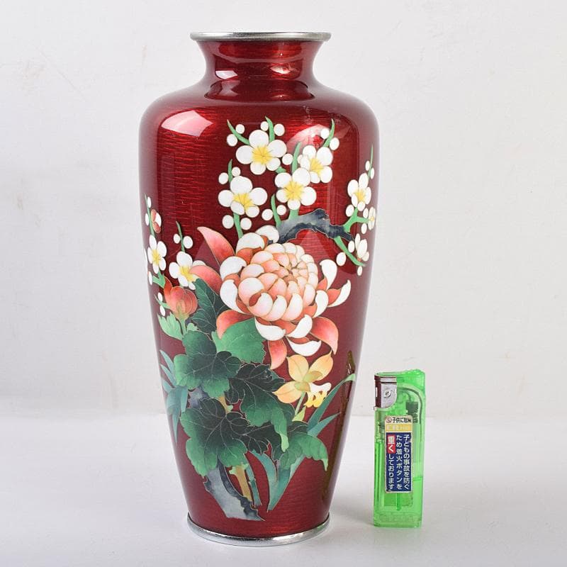 七宝焼　赤透釉　四君子文　花瓶　M　R9121