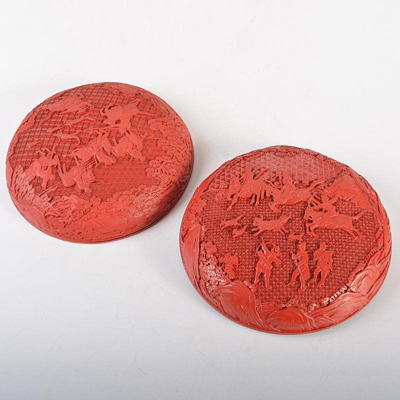 中国　堆朱風　山水人物文　蓋物　V　6442