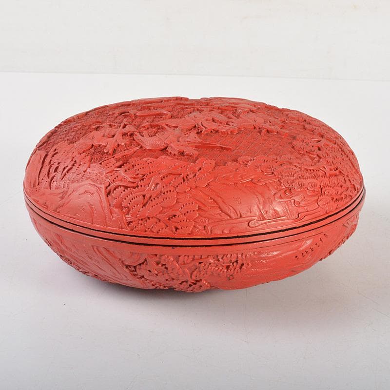 中国　堆朱風　山水人物文　蓋物　V　6442