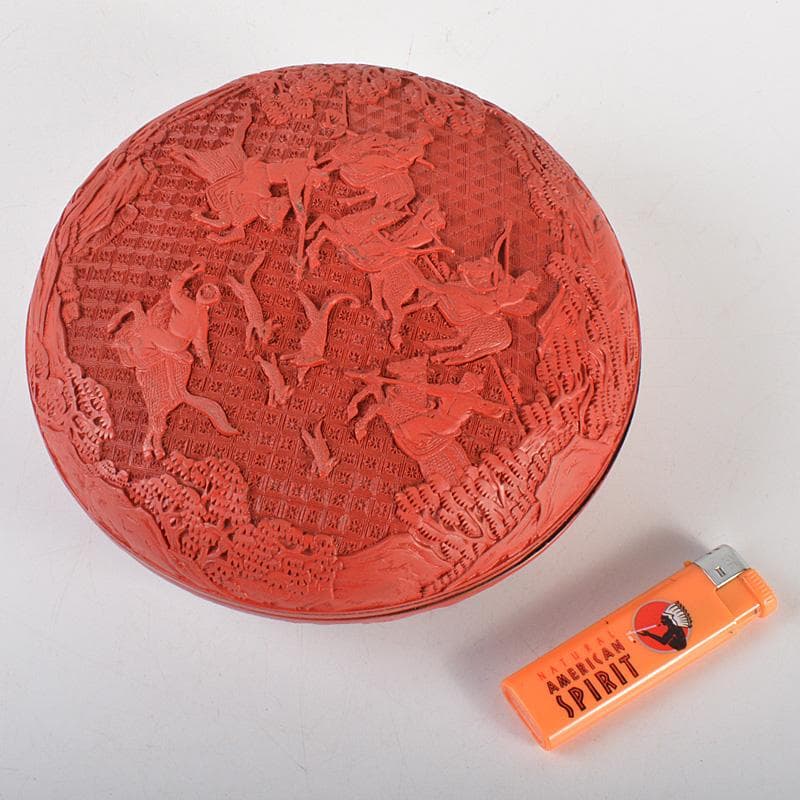 中国　堆朱風　山水人物文　蓋物　V　6442