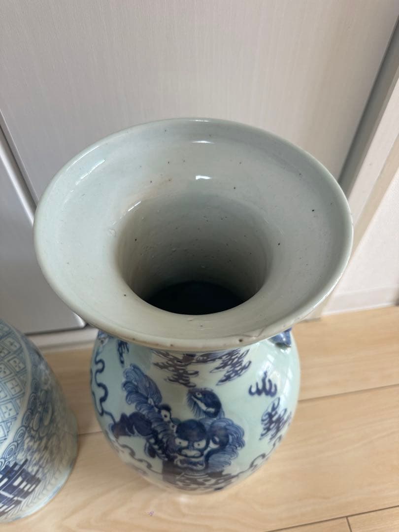 清時代 染付大花瓶 青華 獅子 骨董古美術