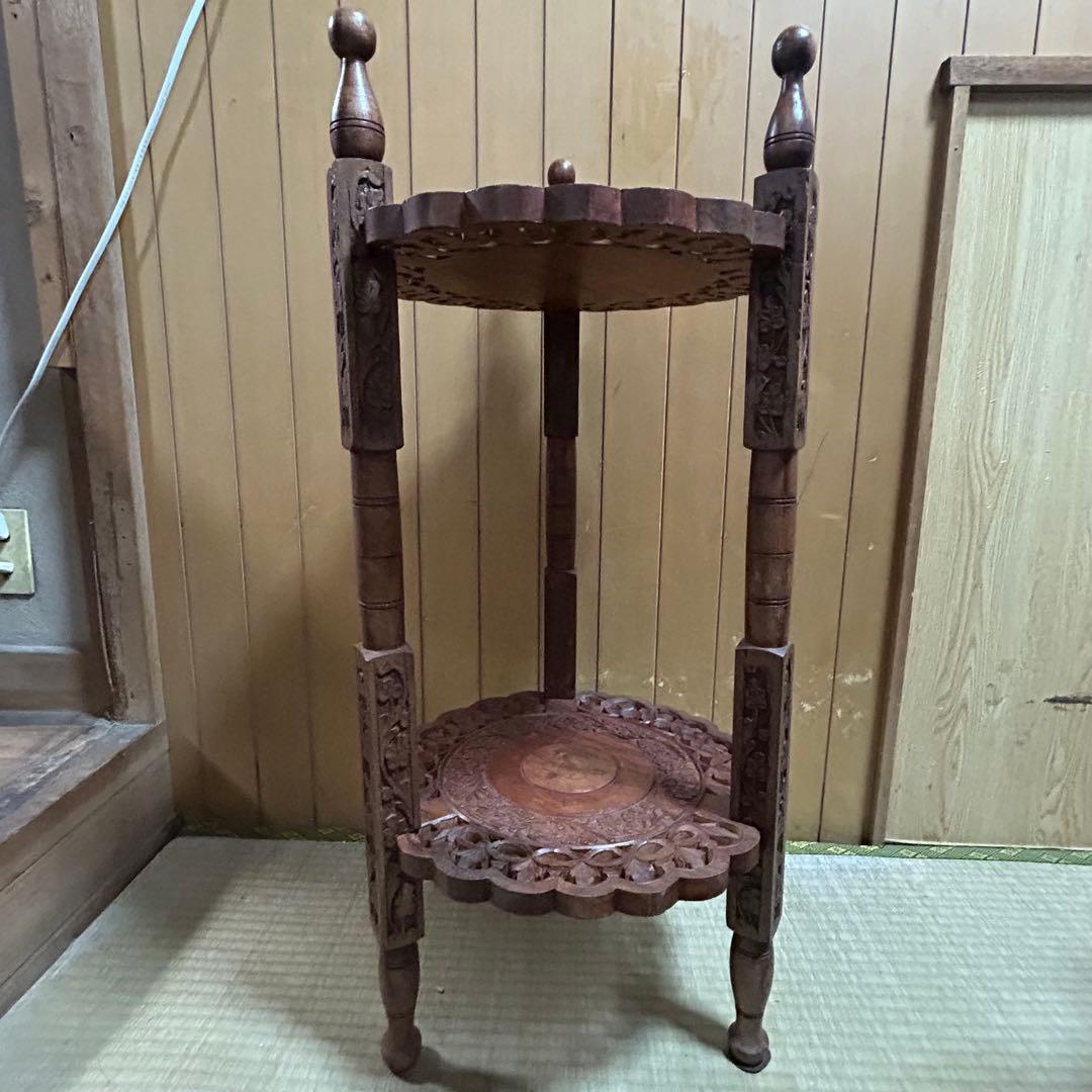 木製2段シェルフ【象嵌細工•彫刻透し彫り】サイドテーブル 飾り棚 花台