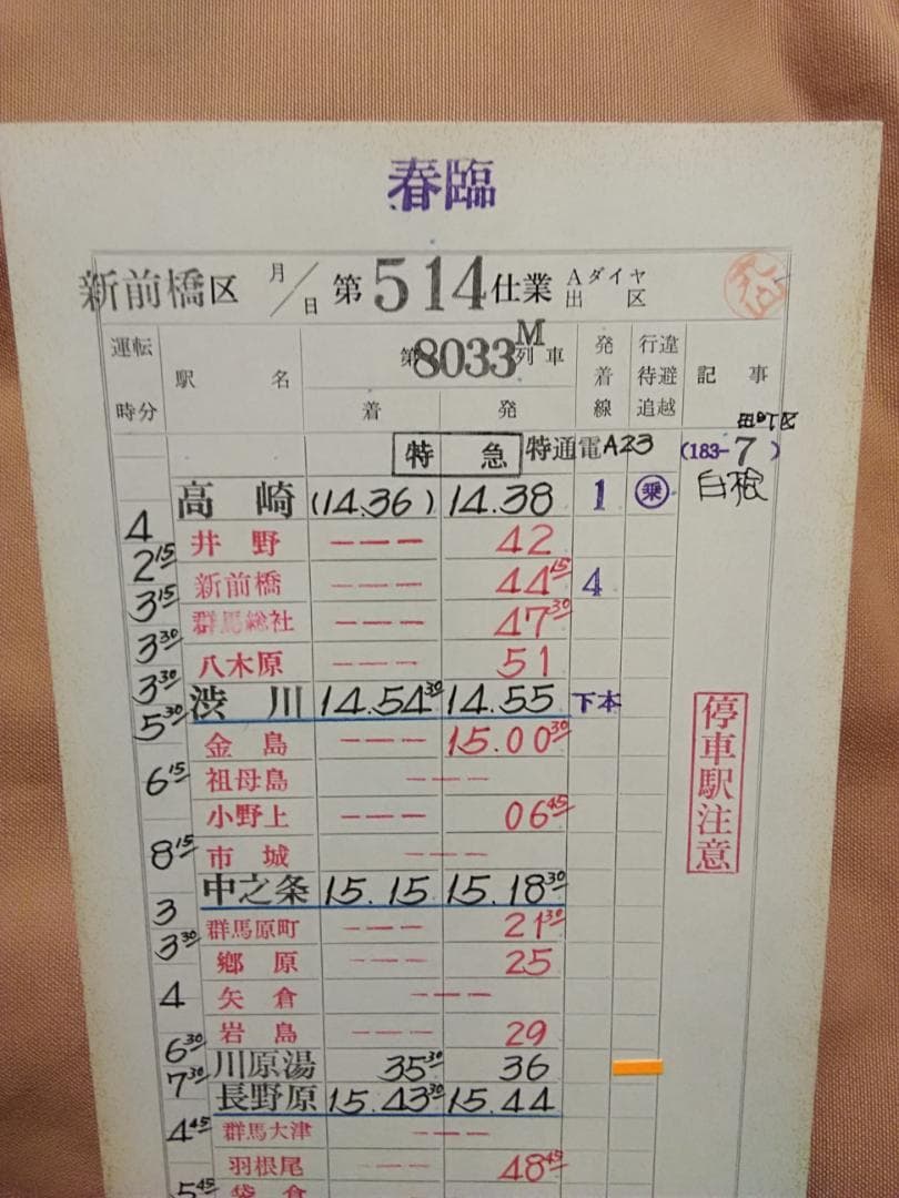 運転士時刻表 スタフ 新前橋電車区 183系 特急白根 田町電車区 サボ 方向幕