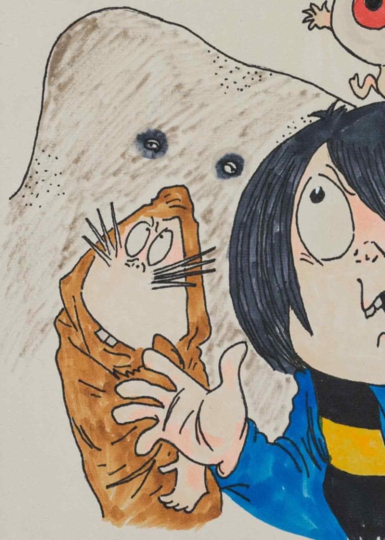 水木しげる 水彩 肉筆『鬼太郎と仲間達』表サイン(印譜) 色紙 額無