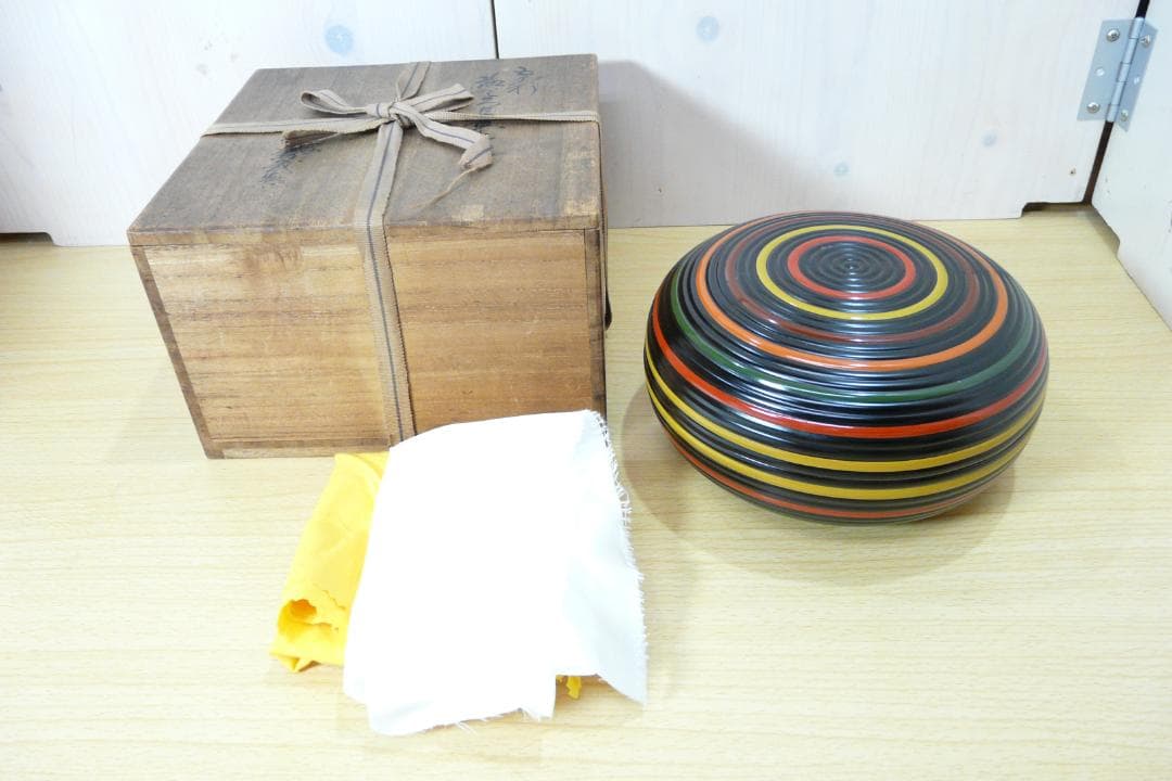 加賀塗師 金城萬茂 造 五彩 独楽糸目菓子器 喰籠 天然木地／漆塗 本物保証