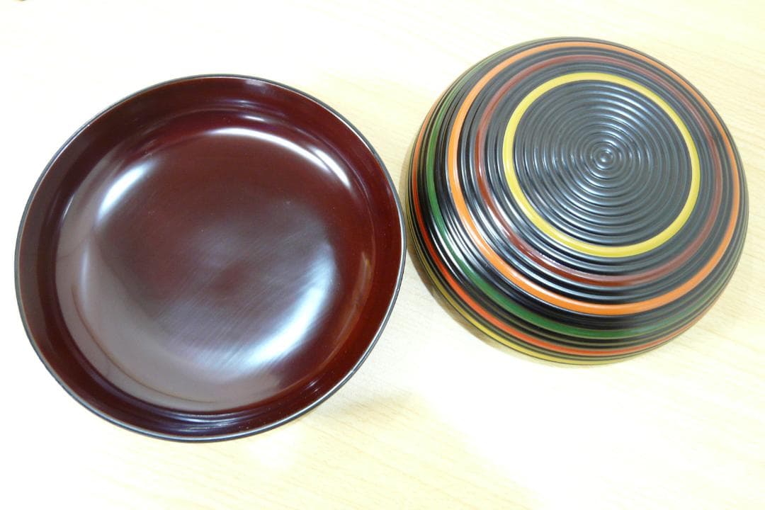 加賀塗師 金城萬茂 造 五彩 独楽糸目菓子器 喰籠 天然木地／漆塗 本物保証