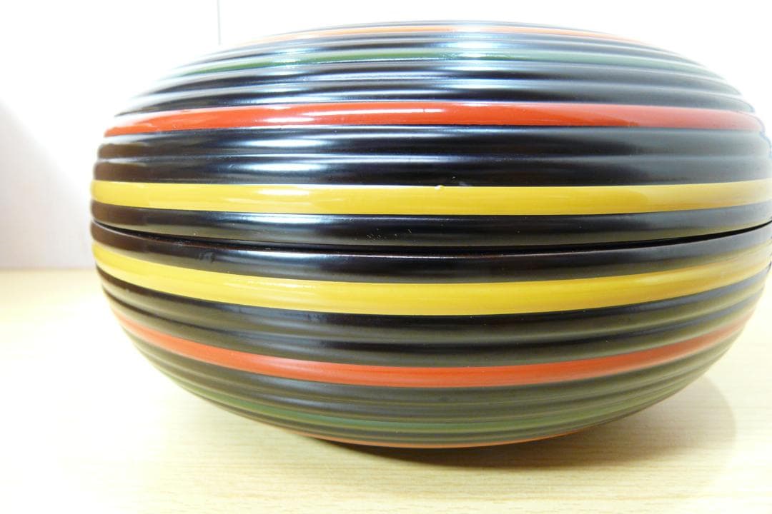 加賀塗師 金城萬茂 造 五彩 独楽糸目菓子器 喰籠 天然木地／漆塗 本物保証