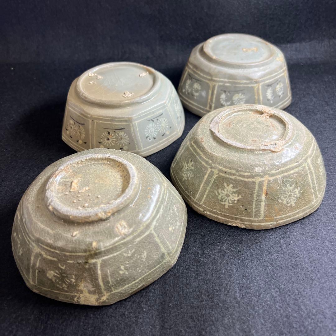 16世紀 高麗青磁 上手白泥象嵌八角鉢4客 幅約11.5㎝