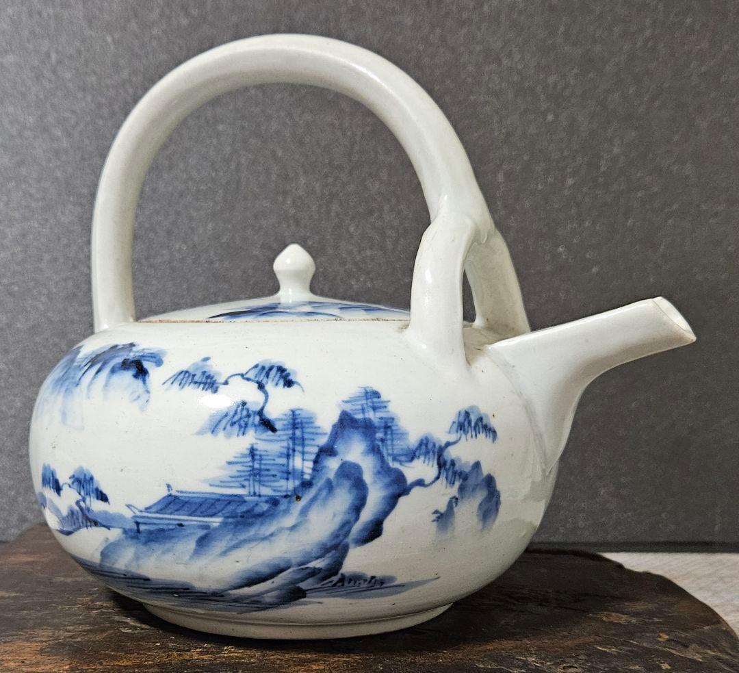 江戸時代 古伊万里 染付 山水図 銚子 酒次 急須 茶道具 酒器 19.6cm