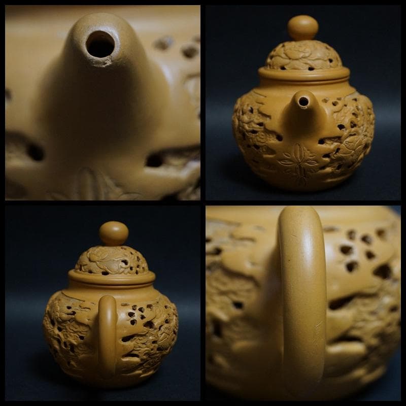 煎茶道具 中国宜興 大唐縷空精彫在銘 紫砂急須 細工彫り『