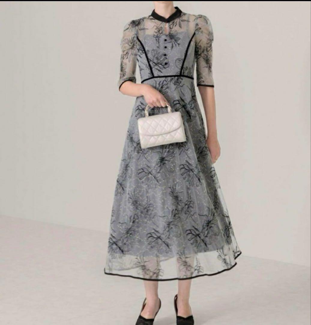 leja配色パイピングプチハイネック花柄刺繍ラメレースロング丈ドレス