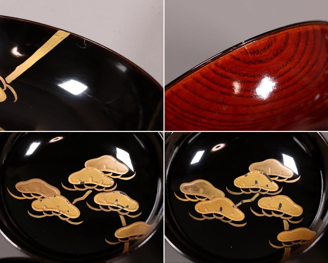 漆芸 輪島塗 松蒔絵 木皿 二十客 欅地 木地溜塗 黒塗