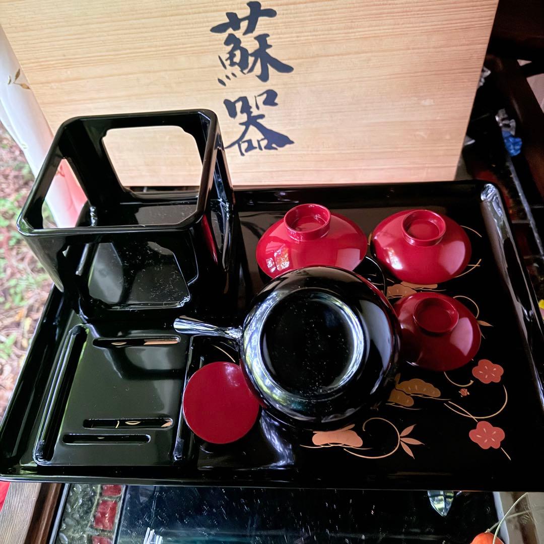 超限定1月12日迄‼️節目にJAPAN天然木会津塗お屠蘇器蒔絵松竹梅四ッ揃杉箱入