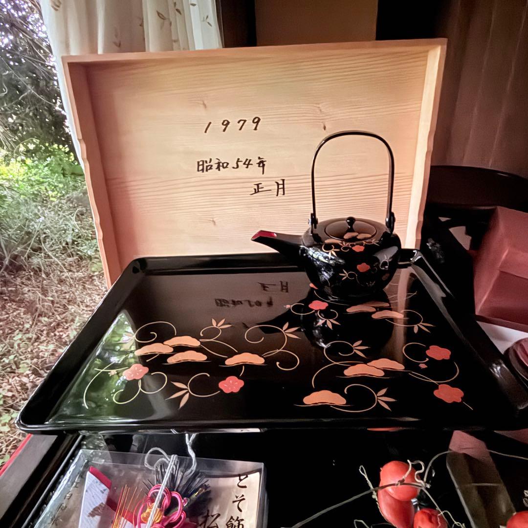 超限定1月12日迄‼️節目にJAPAN天然木会津塗お屠蘇器蒔絵松竹梅四ッ揃杉箱入