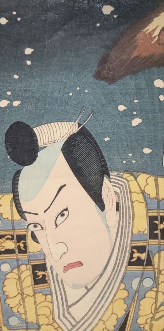 浮世絵版画、役者絵三枚綴りの真ん中と左側二枚売り、豊原国周画慶応3年出版