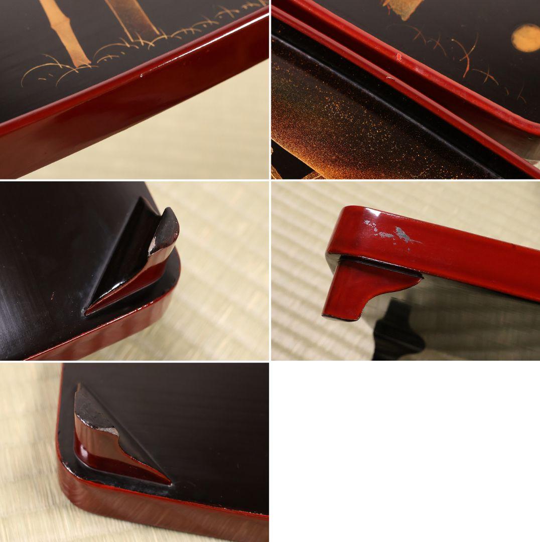 木製漆器 竹鶏蒔絵 吸物膳 五客 溜塗 黒塗 足付 四方膳