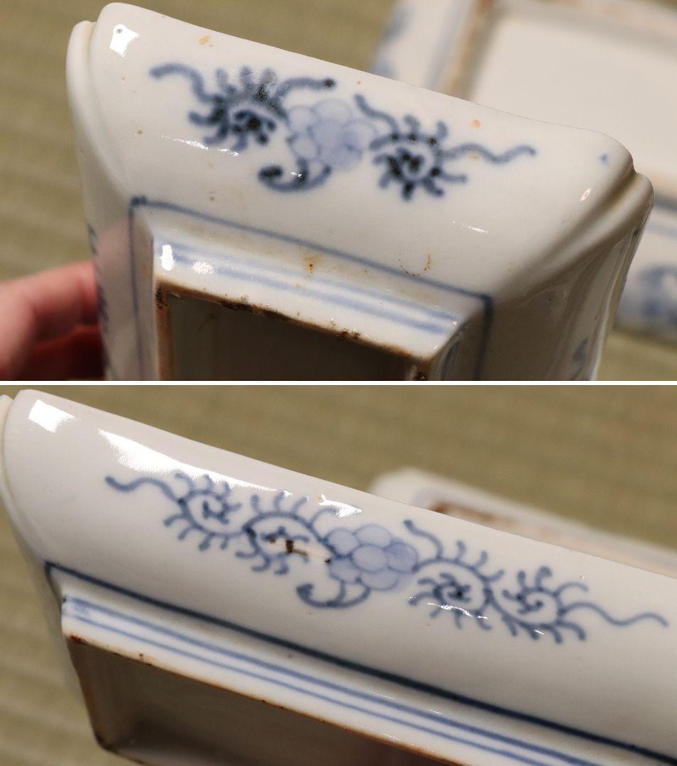 CM50】古伊万里 色絵 長方刺身皿 角皿 五客 桐鳳凰 松竹梅 扇面