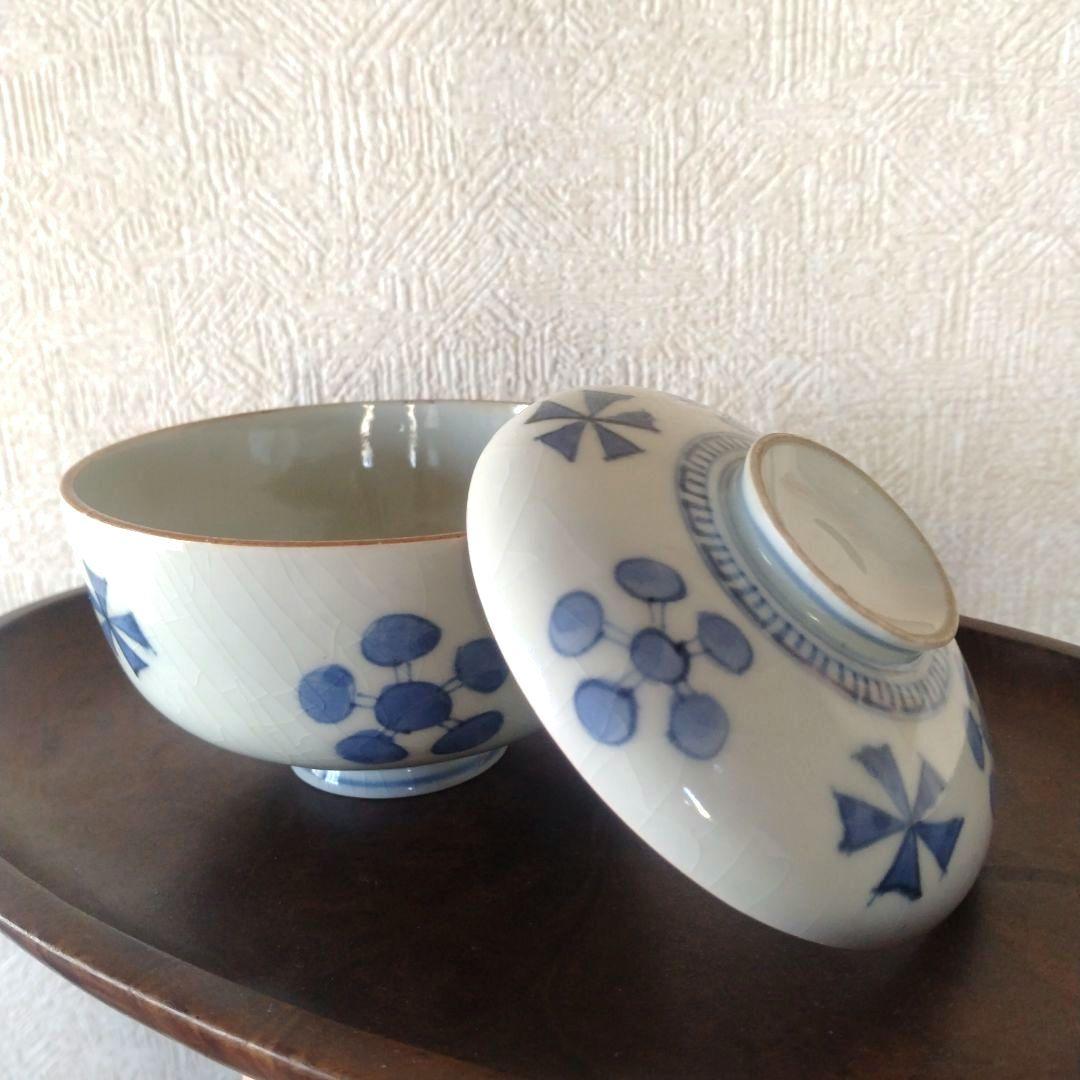 《新春セール！》古伊万里染付幾何学花文蓋付き茶碗蕎麦猪口江戸時代
