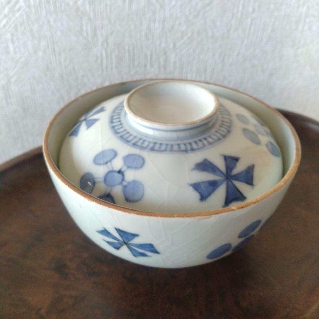 《新春セール！》古伊万里染付幾何学花文蓋付き茶碗蕎麦猪口江戸時代
