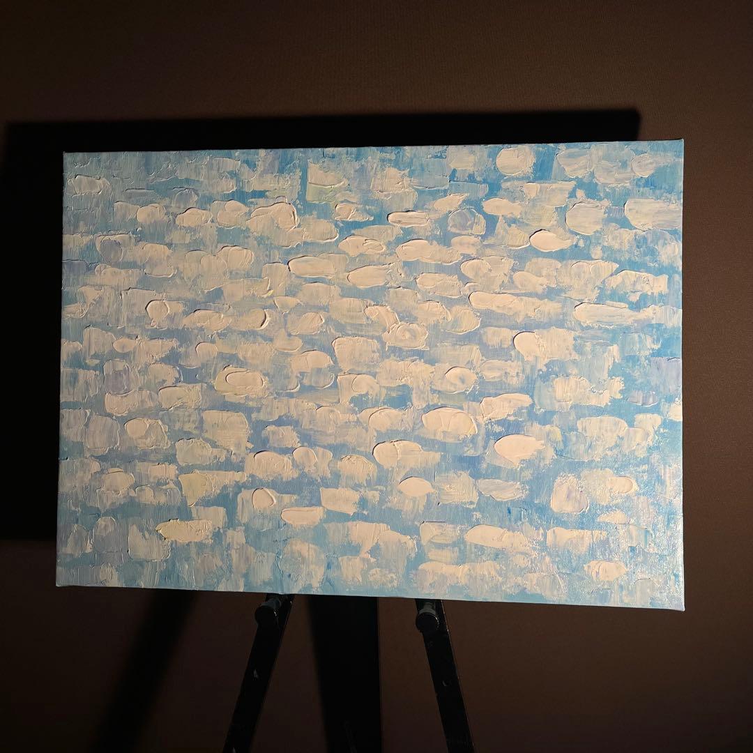 ★秀作★ 手書き油絵 スカイブルー 肉筆絵画 インテリア 油彩画