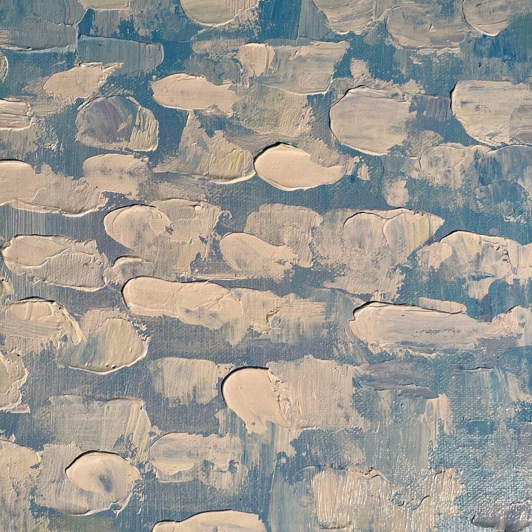 ★秀作★ 手書き油絵 スカイブルー 肉筆絵画 インテリア 油彩画